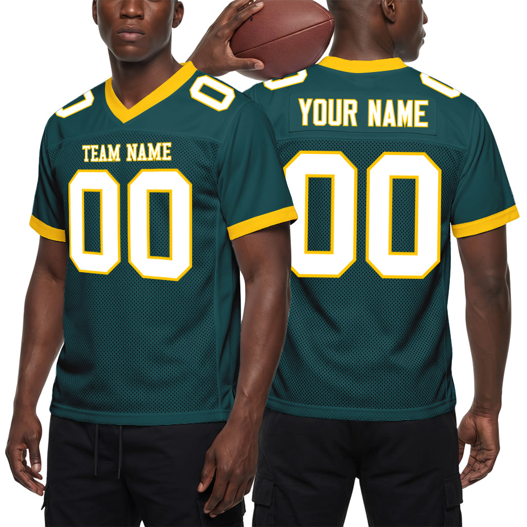 Custom Midnight Green White-Gold Mesh Football Jersey