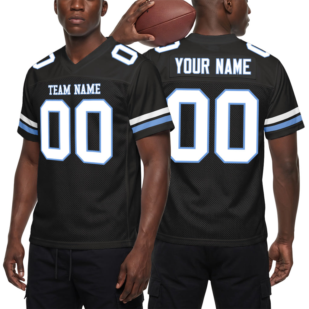 Custom Black White-Light Blue Mesh Football Jersey