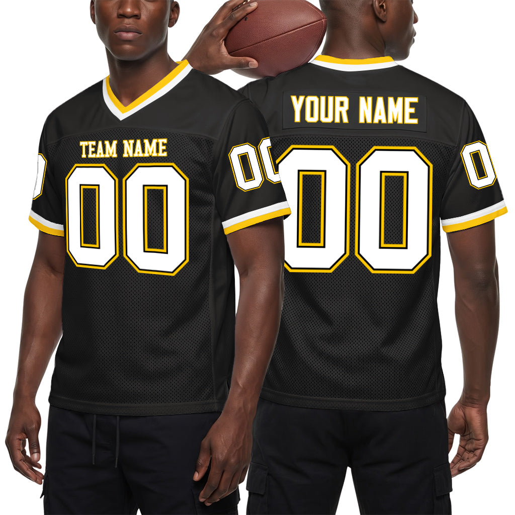 Custom Black White-Gold Mesh Throwback Mesh Football Jersey