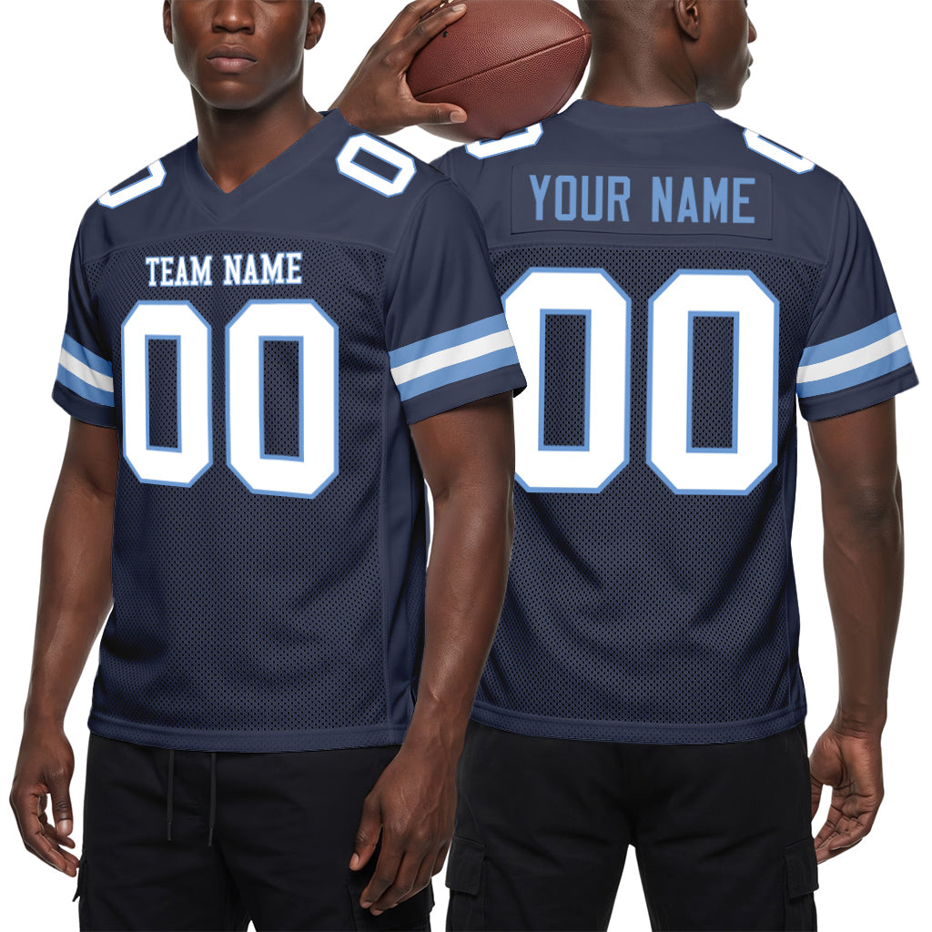 Custom Navy White-Light Blue Mesh Football Jersey