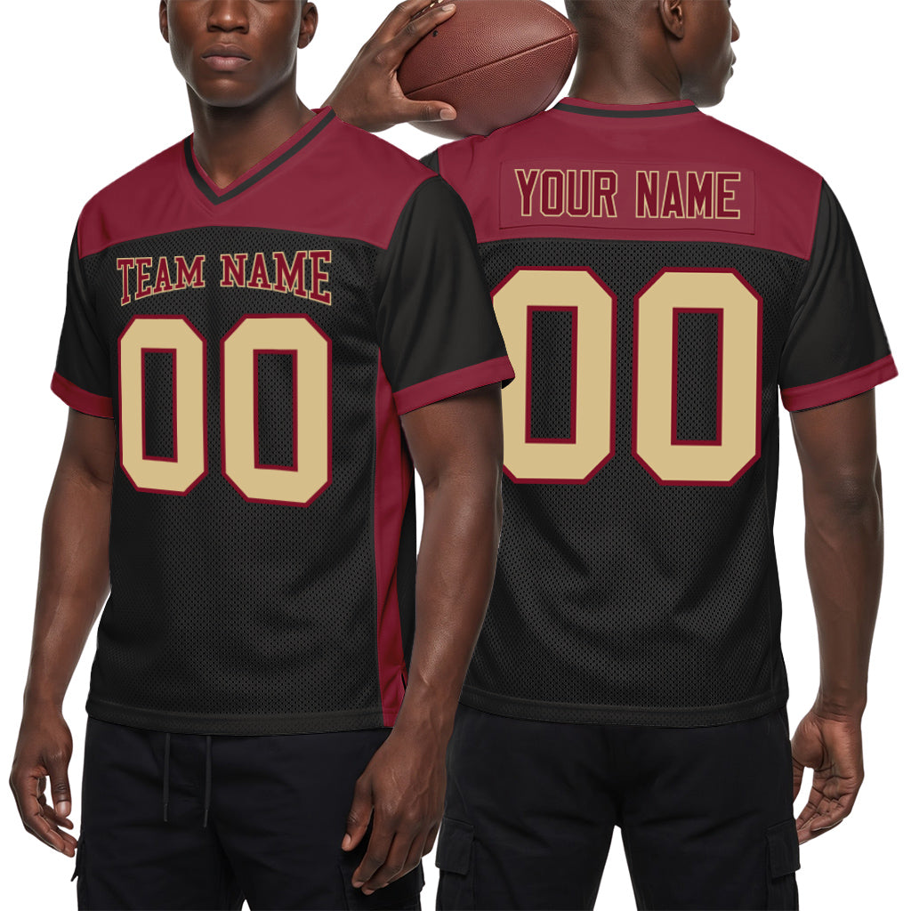 Custom Black Cream-Crimson Mesh Football Jersey