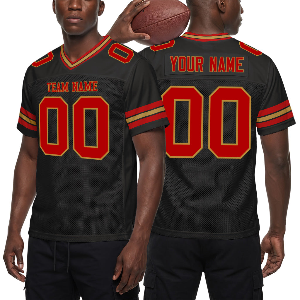 Custom Black Red-Old Gold Mesh Football Jersey