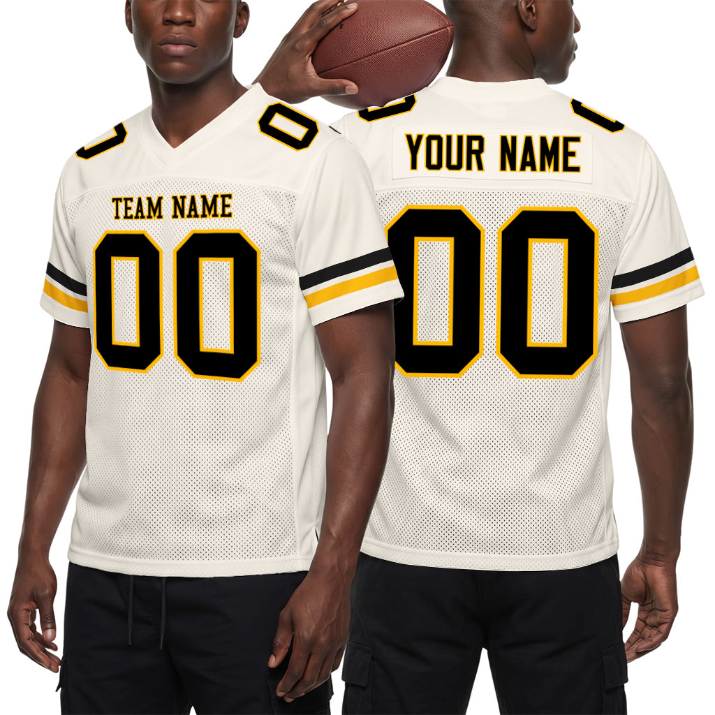 Custom Cream Black-Gold Mesh Football Jersey