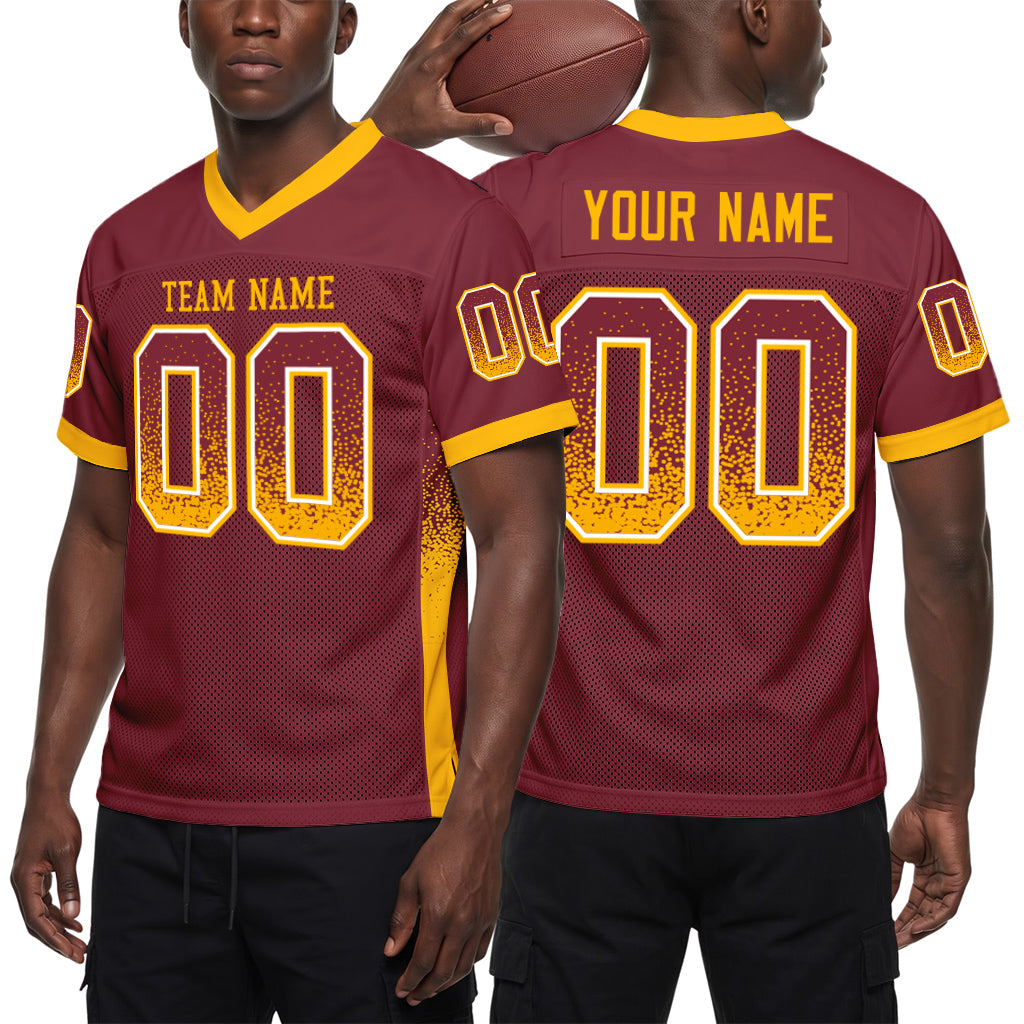 Custom Burgundy Gold-White Mesh Drift Fashion Mesh Football Jersey
