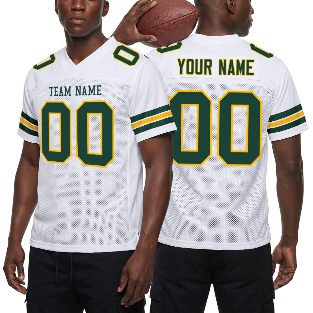 Custom White Green-Gold Mesh Football Jersey