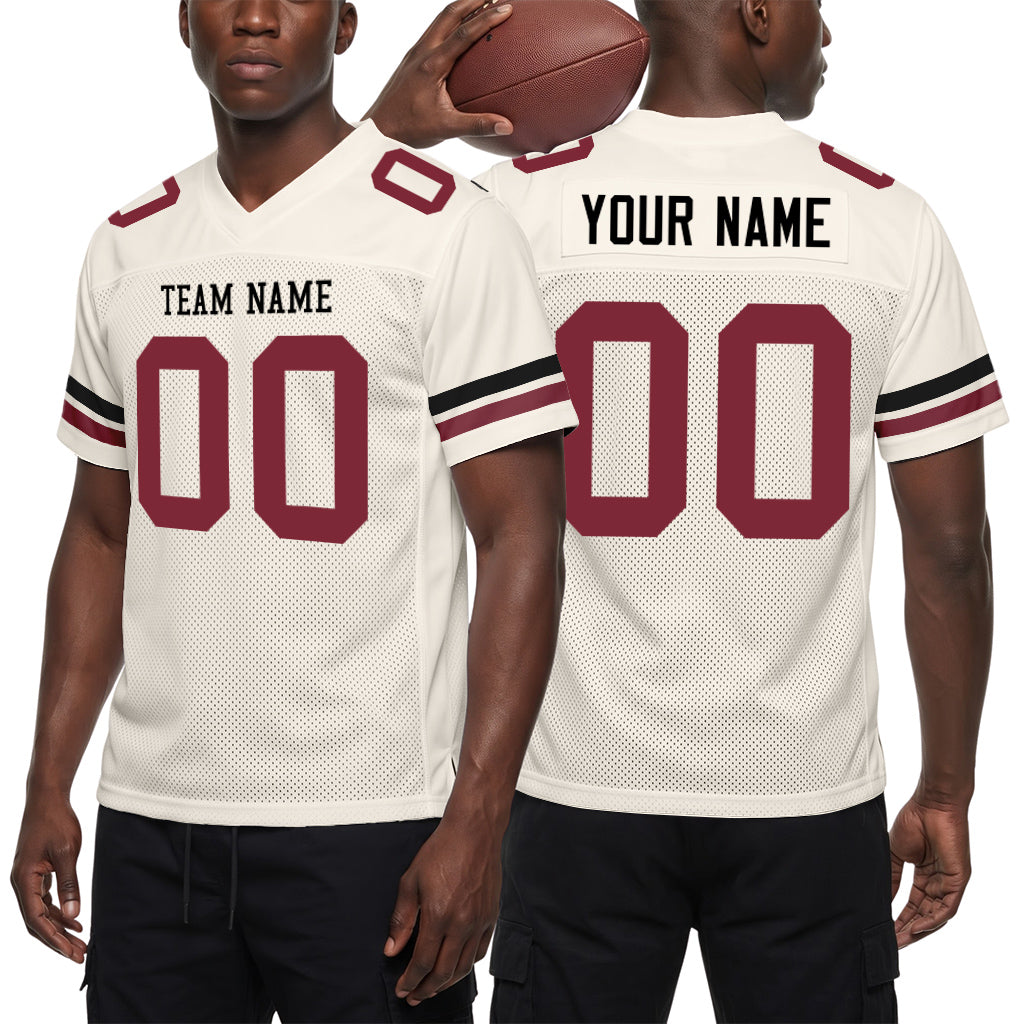 Custom Cream Black-Crimson Mesh Football Jersey