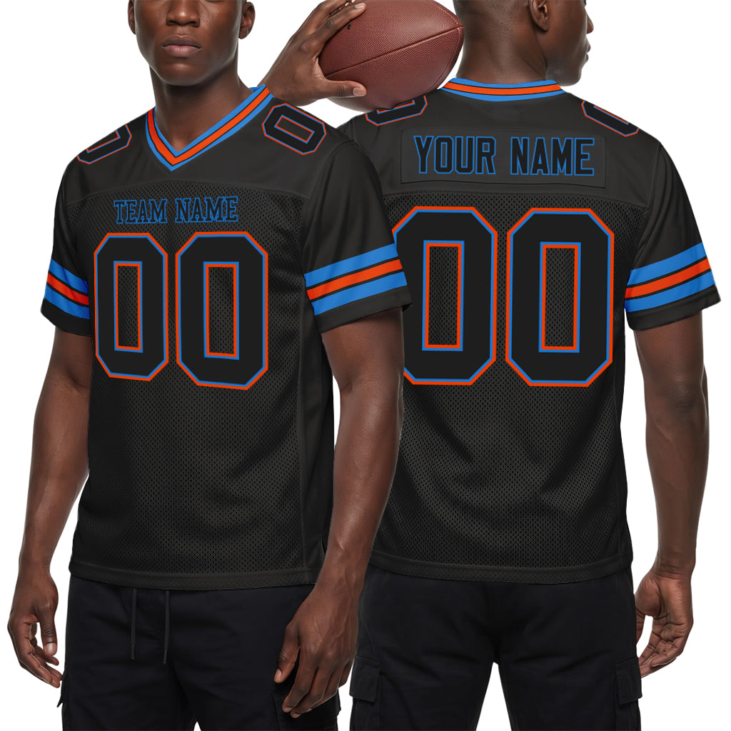 Custom Black Electric Blue-Orange Mesh Football Jersey
