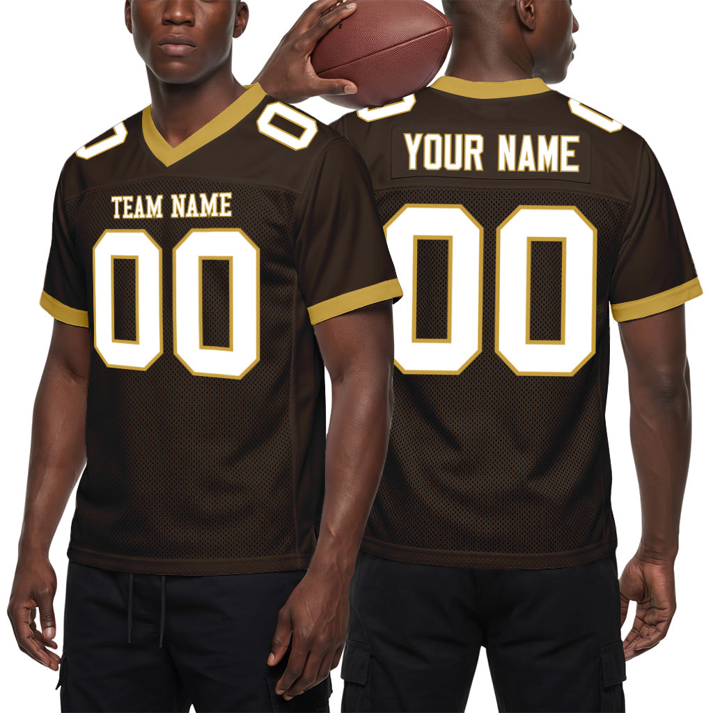 Custom Brown White-Old Gold Mesh Football Jersey
