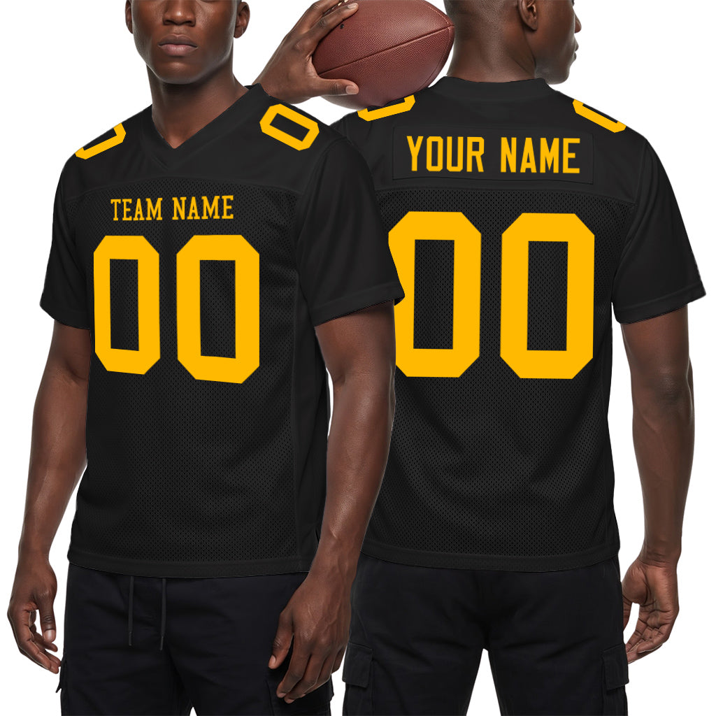 Custom Black Gold Mesh Football Jersey