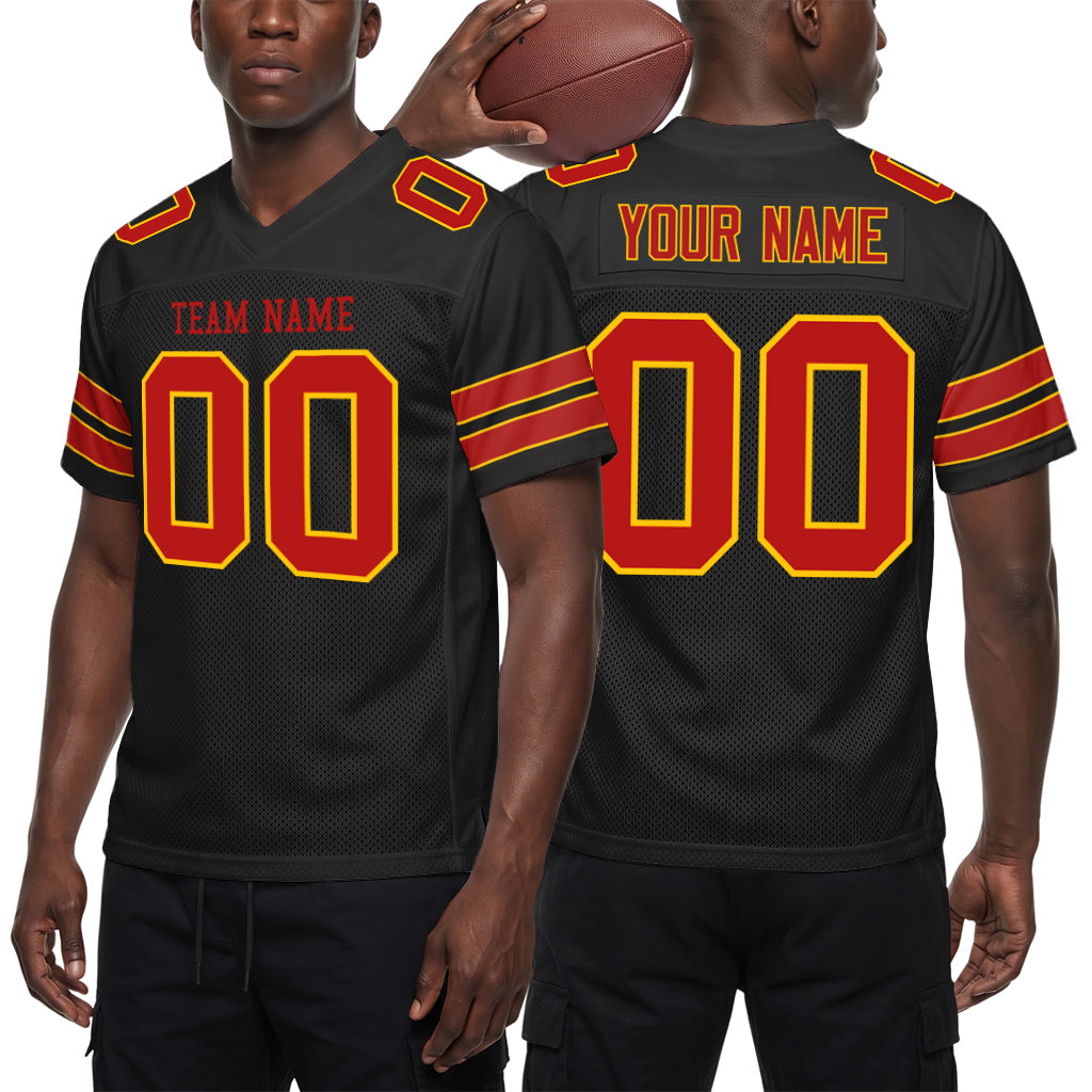 Custom Black Scarlet-Gold Custom Name Mesh Football Jersey