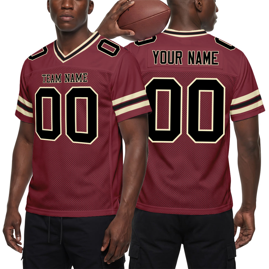 Custom Burgundy Black-City Cream Mesh Football Jersey