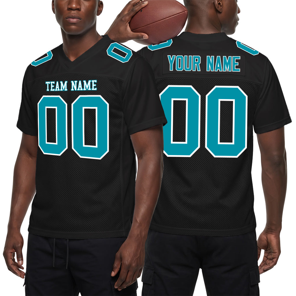 Custom Black Teal-White Mesh Football Jersey
