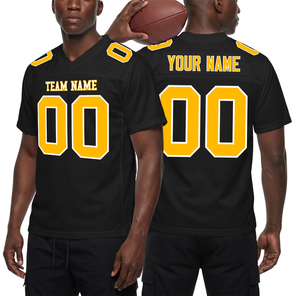 Custom Black Gold-White Mesh Football Jersey