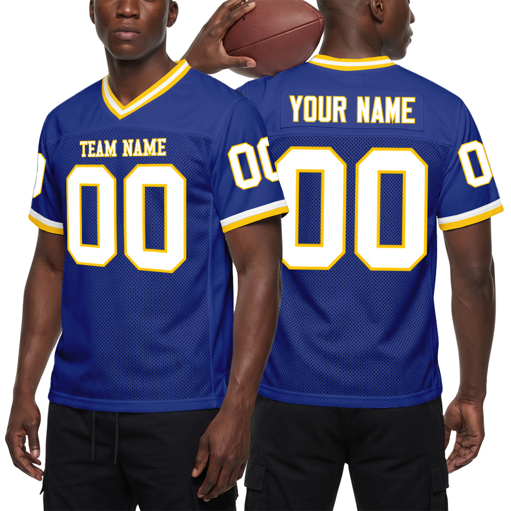 Custom Royal White-Gold Mesh Football Jersey