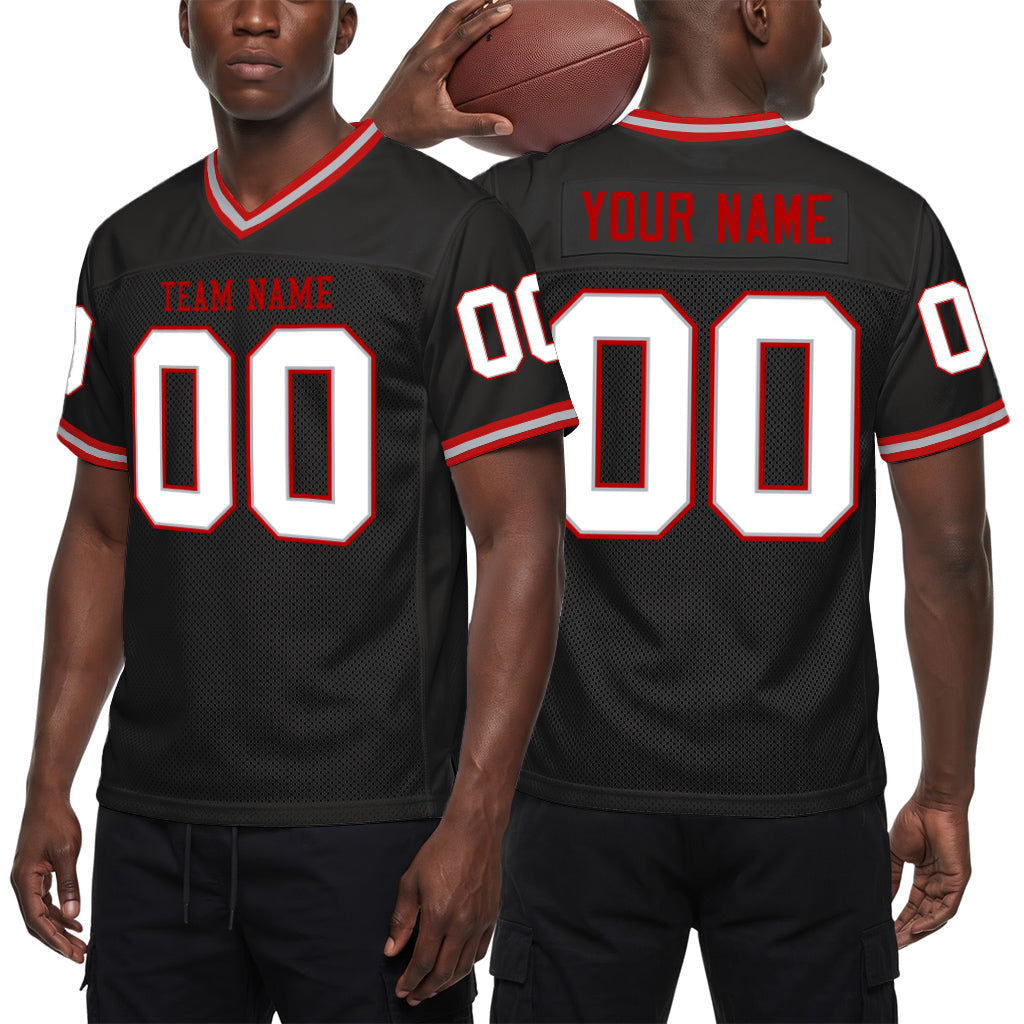 Custom Black Gray-Red Mesh Throwback Mesh Football Jersey