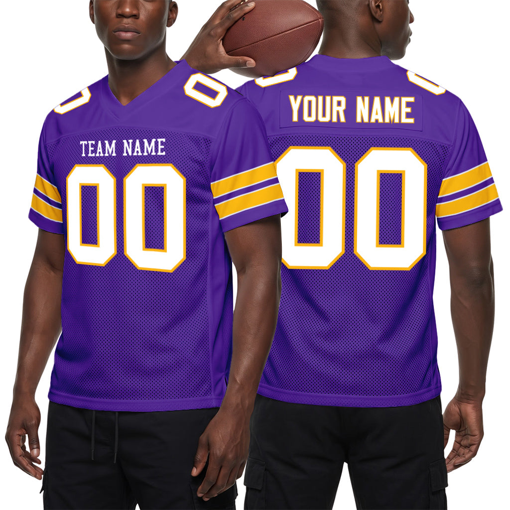 Custom Purple White-Gold Mesh Football Jersey