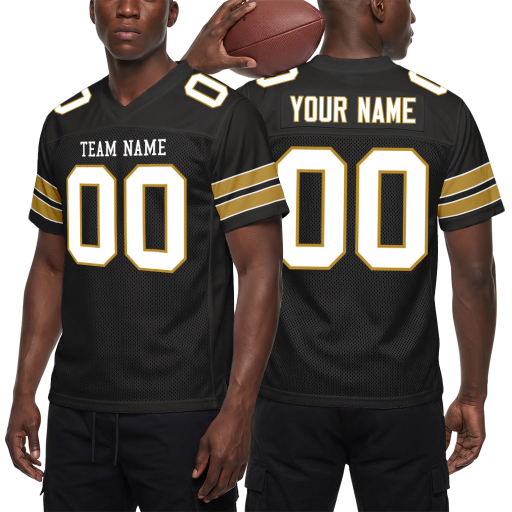 Custom Black White-Old Gold Custom Name Mesh Football Jersey