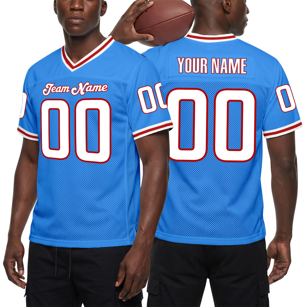 Custom Powder Blue White-Red Mesh Football Jersey