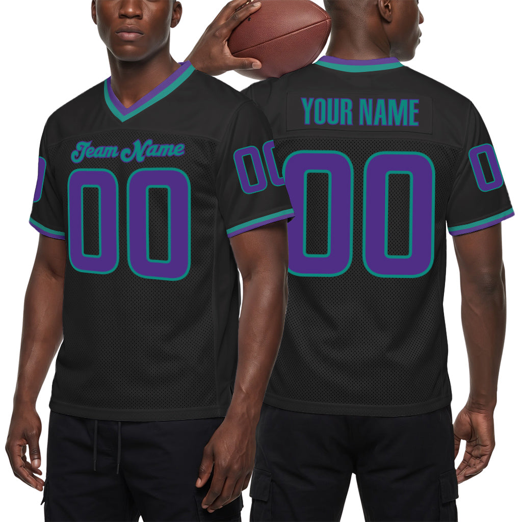 Custom Black Purple-Aqua Mesh Football Jersey