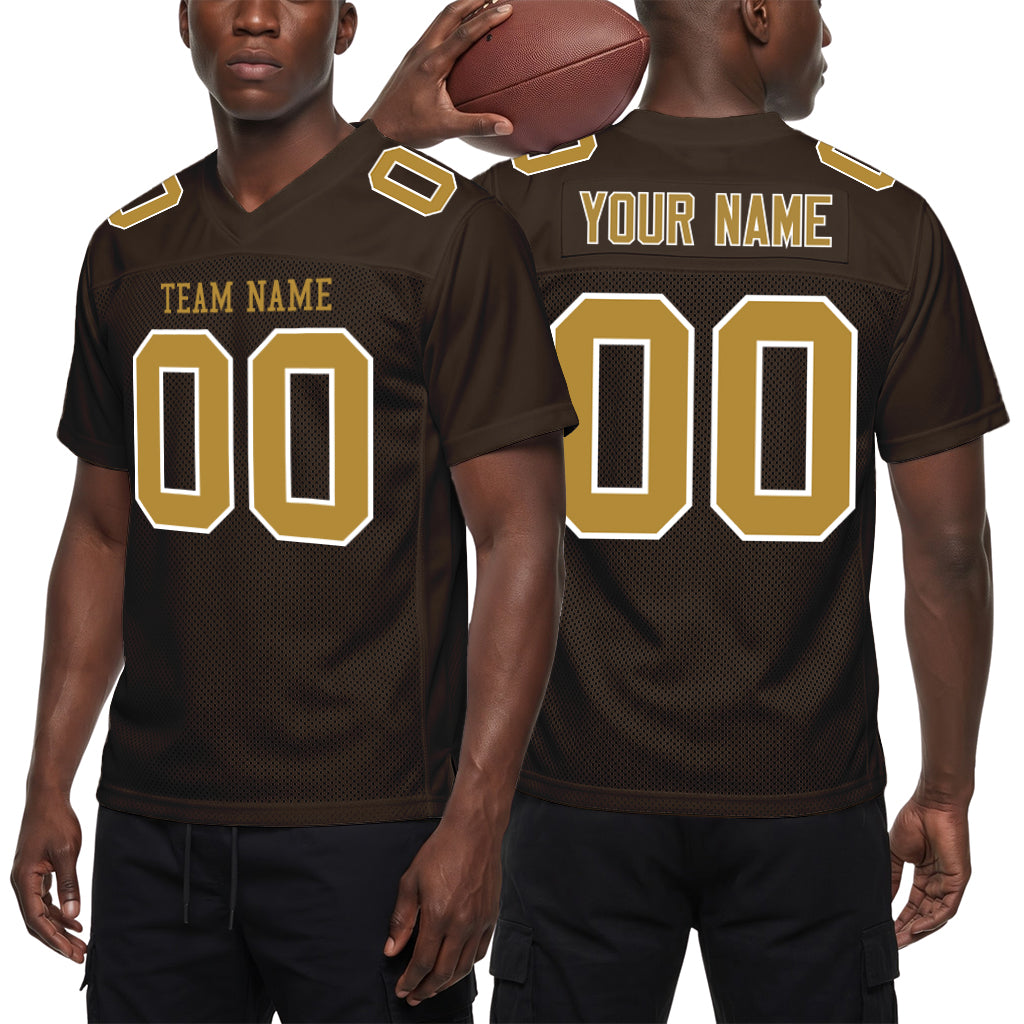 Custom Brown Old Gold-White Mesh Football Jersey
