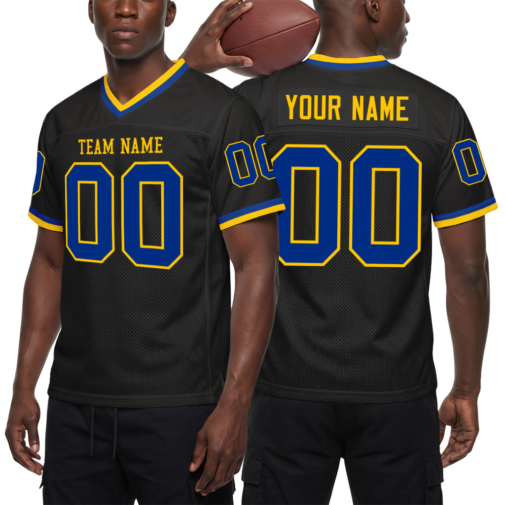 Custom Black Royal-Gold Mesh Throwback Mesh Football Jersey