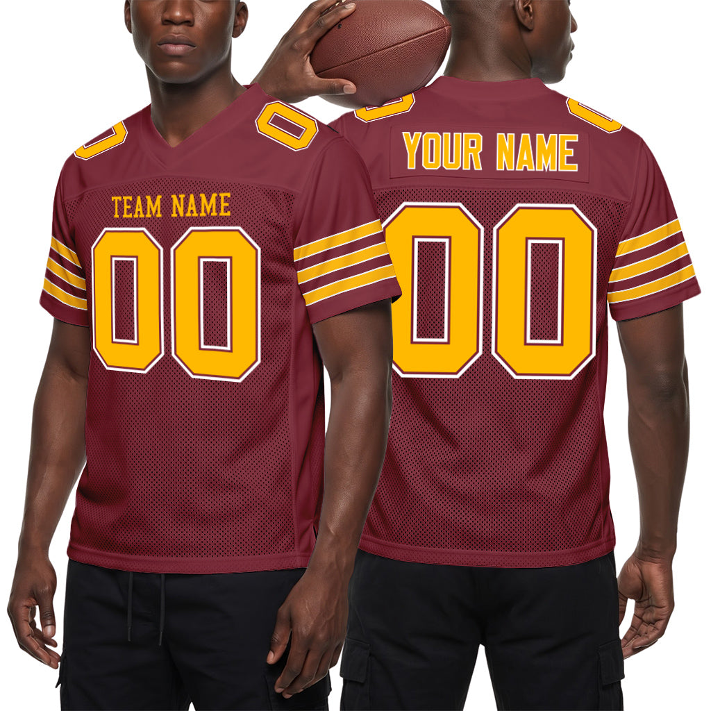 Custom Burgundy Gold-White Mesh Football Jersey