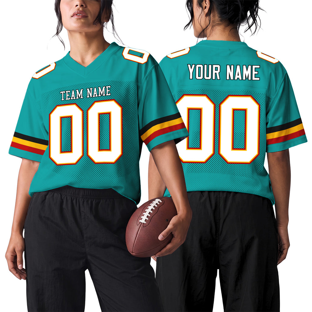 Custom Aqua White-Gold Mesh Football Jersey
