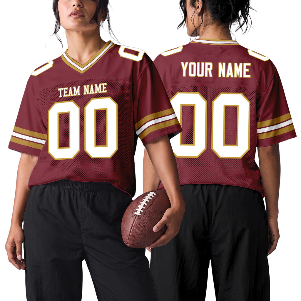 Custom Burgundy White-Old Gold Mesh Football Jersey