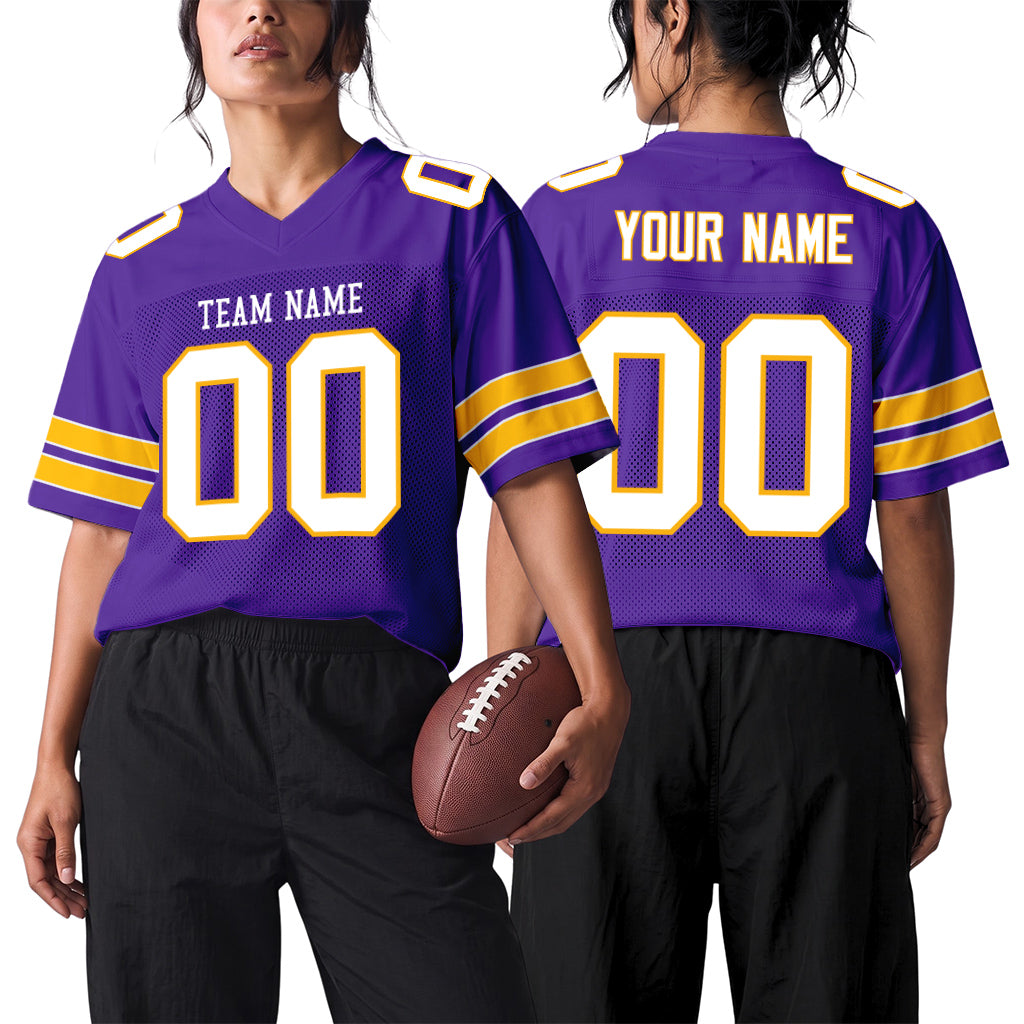 Custom Purple White-Gold Mesh Football Jersey