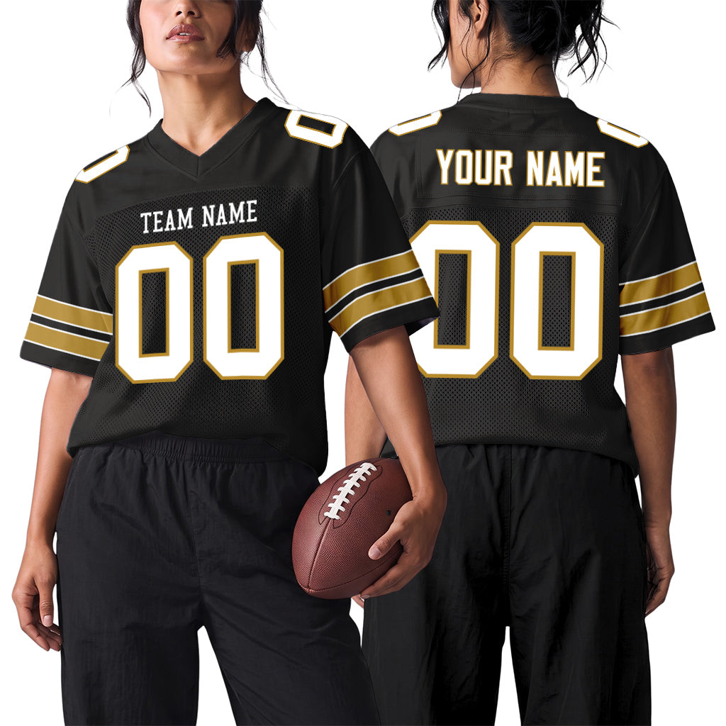 Custom Black White-Old Gold Custom Name Mesh Football Jersey