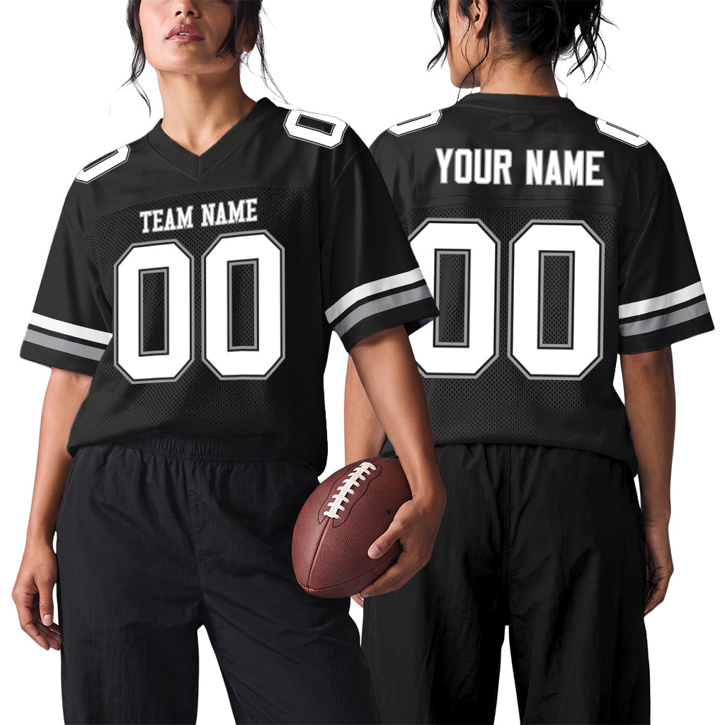 Custom Black White-Gray Custom Name Mesh Football Jersey