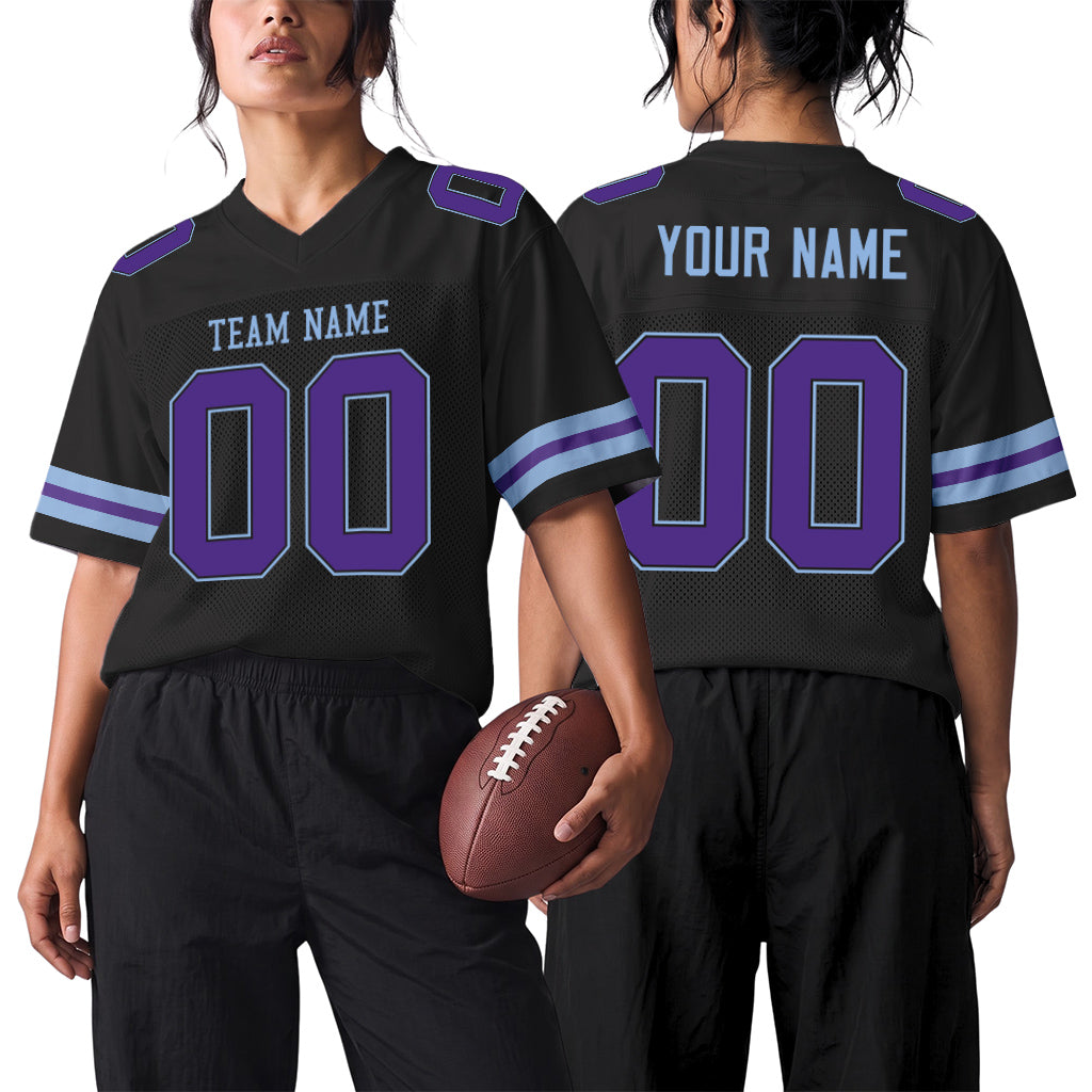 Custom Black Purple-Light Blue Mesh Football Jersey