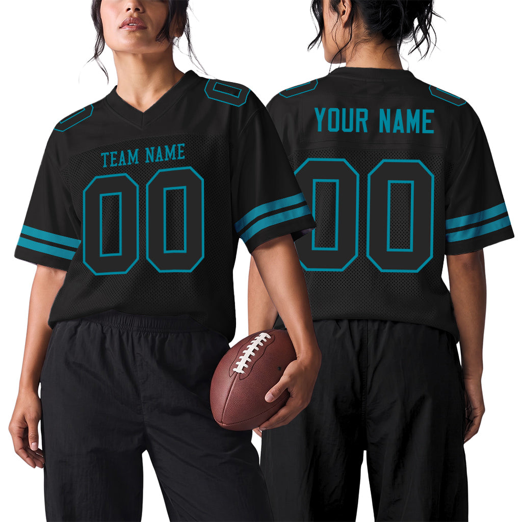 Custom Black Black-Teal Mesh Football Jersey