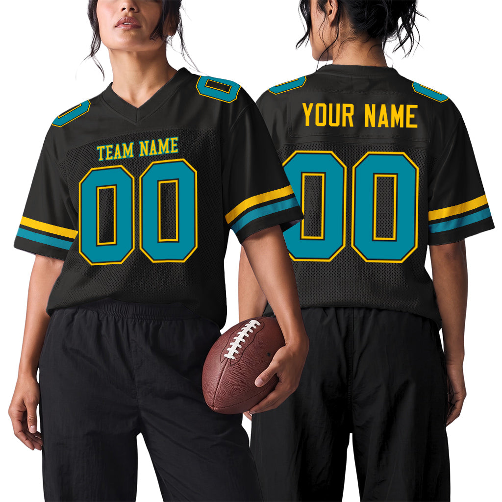 Custom Black Teal-Gold Mesh Football Jersey