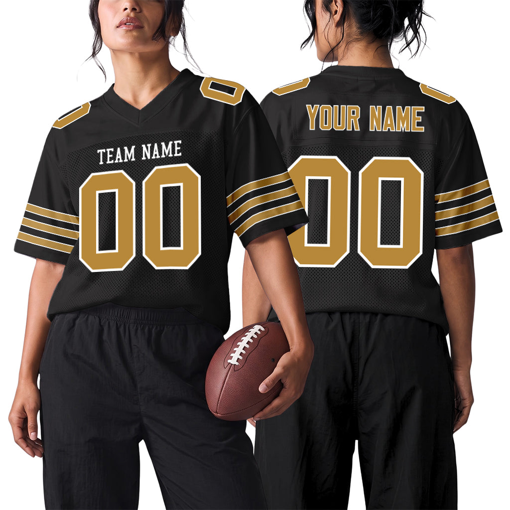 Custom Black Old Gold-White Mesh Football Jersey