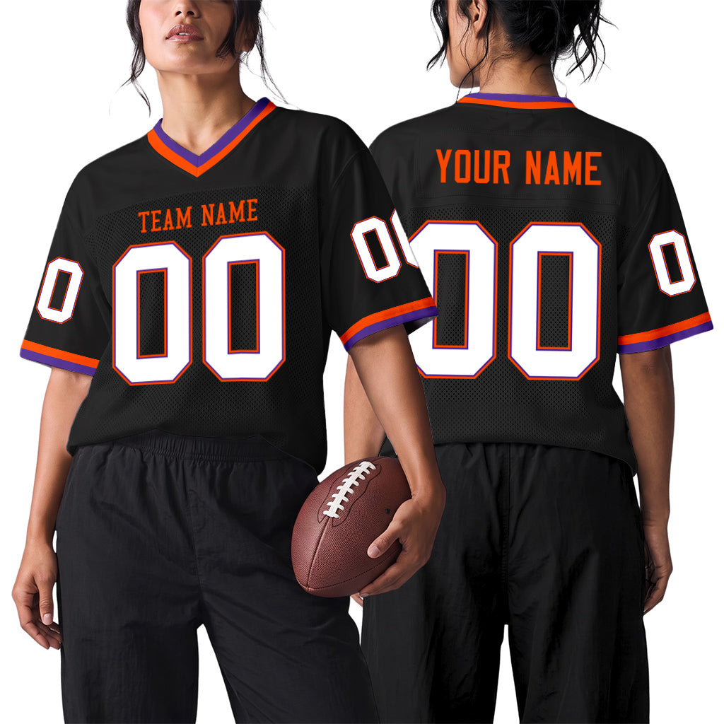 Custom Black Purple-Orange Mesh Football Jersey