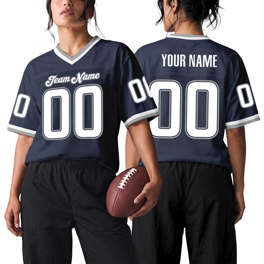 Custom Navy White-Gray Mesh Football Jersey
