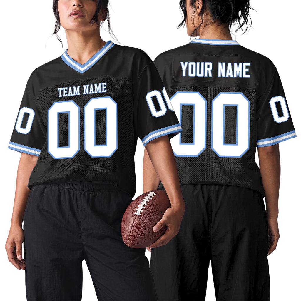 Custom Black White-Light Blue Mesh Throwback Mesh Football Jersey