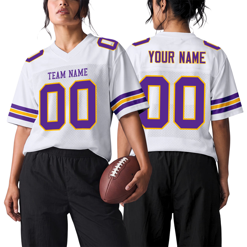 Custom White Purple-Gold Mesh Football Jersey