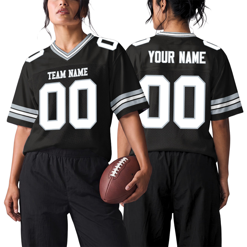 Custom Black White-Silver Mesh Football Jersey