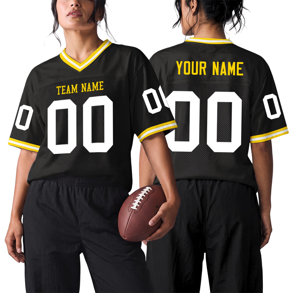 Custom Black White-Gold Mesh Throwback Mesh Football Jersey
