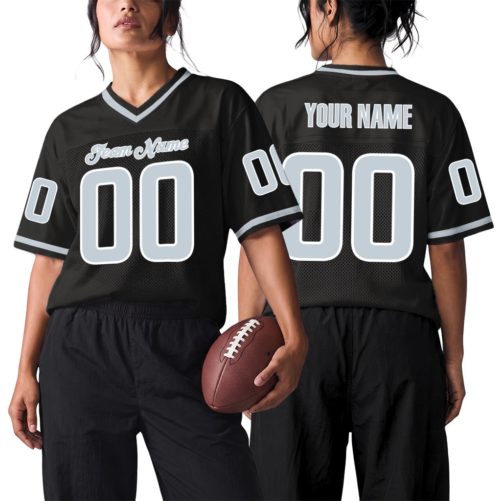 Custom Black Silver-White Throwback Custom Name Mesh Football Jersey