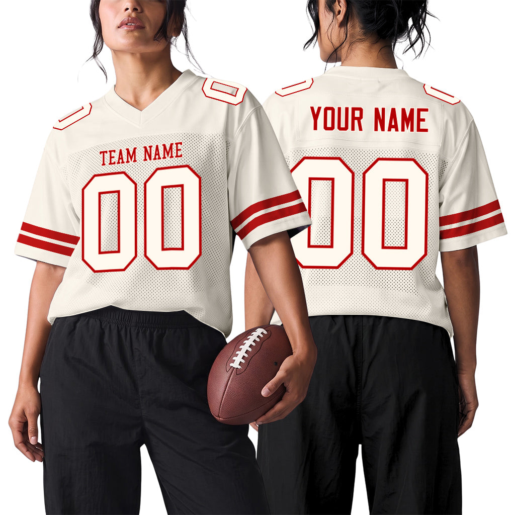 Custom Cream Cream-Red Mesh Football Jersey