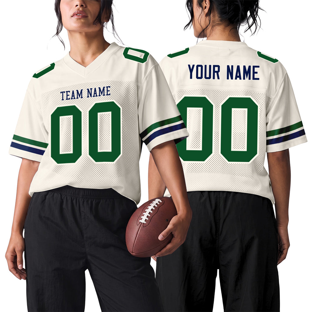 Custom Cream Kelly Green-Navy Mesh Football Jersey