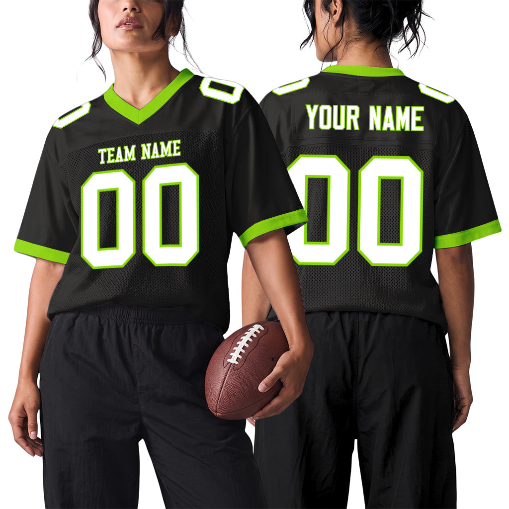 Custom Black White-Neon Green Mesh Football Jersey