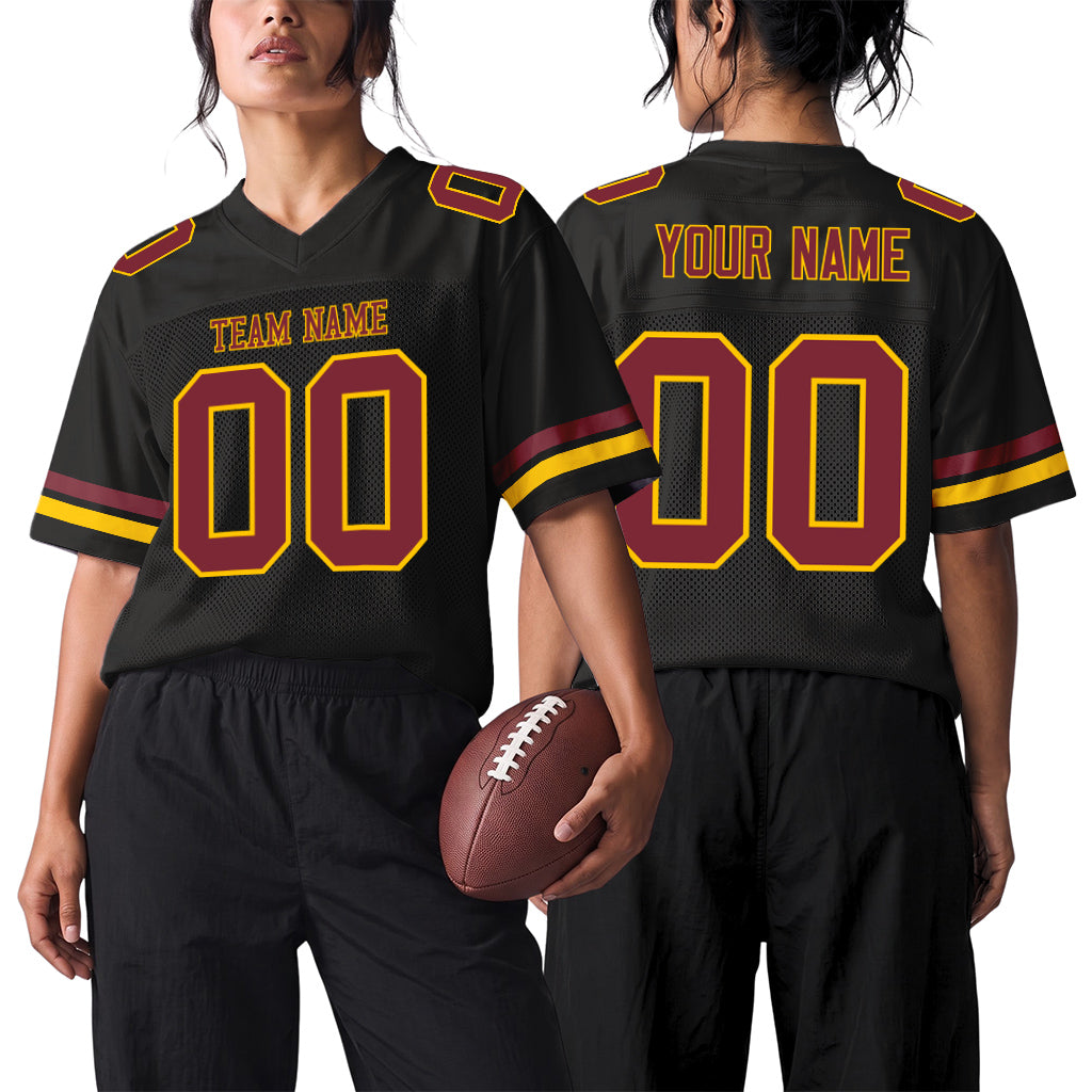 Custom Black Burgundy-Gold Mesh Football Jersey
