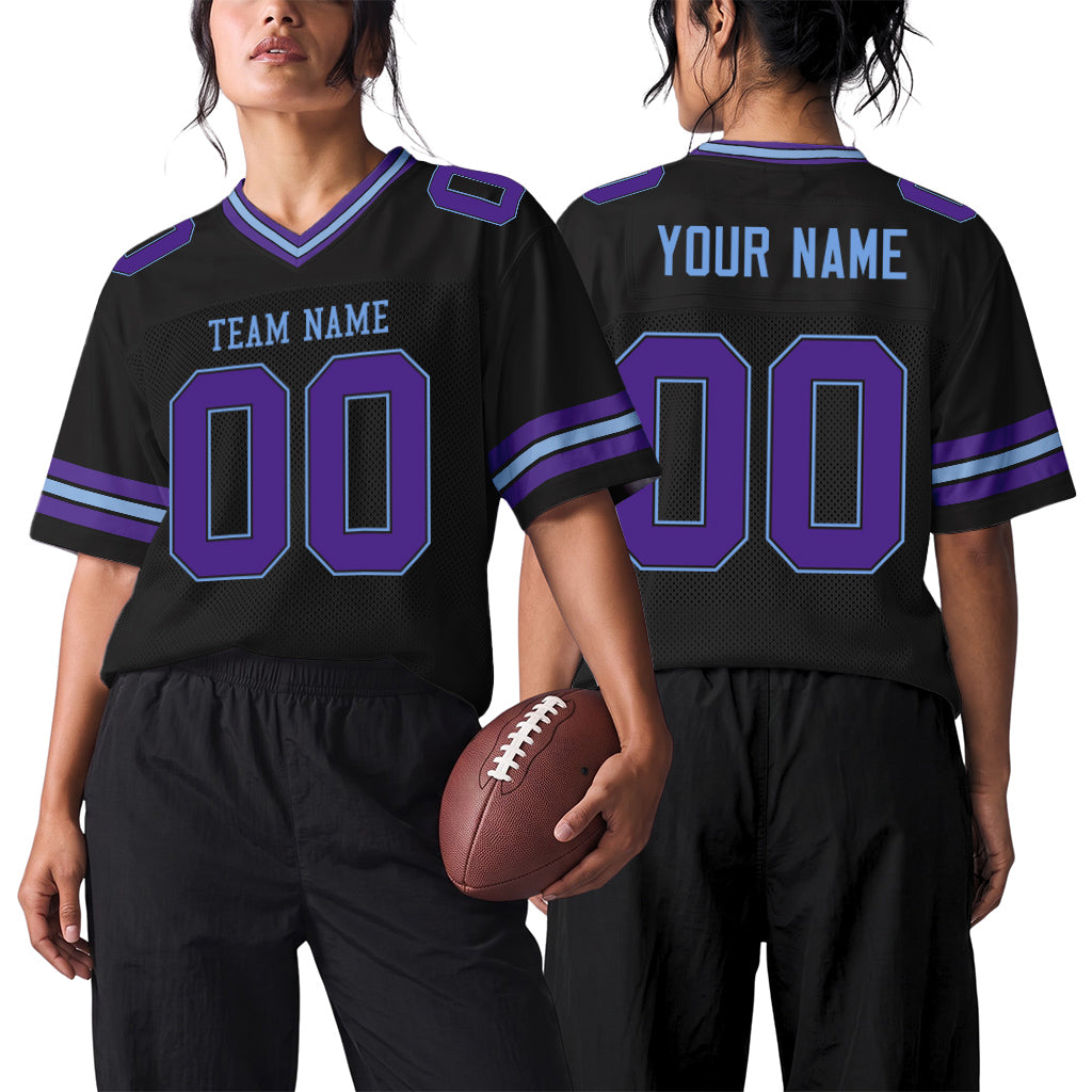 Custom Black Purple-Light Blue Mesh Football Jersey
