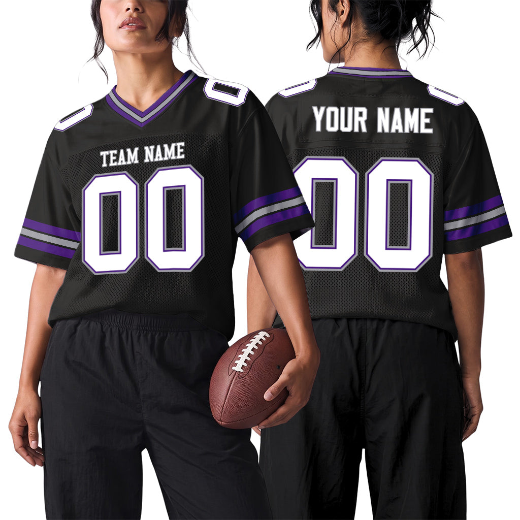 Custom Black White Purple-Gray Mesh Football Jersey