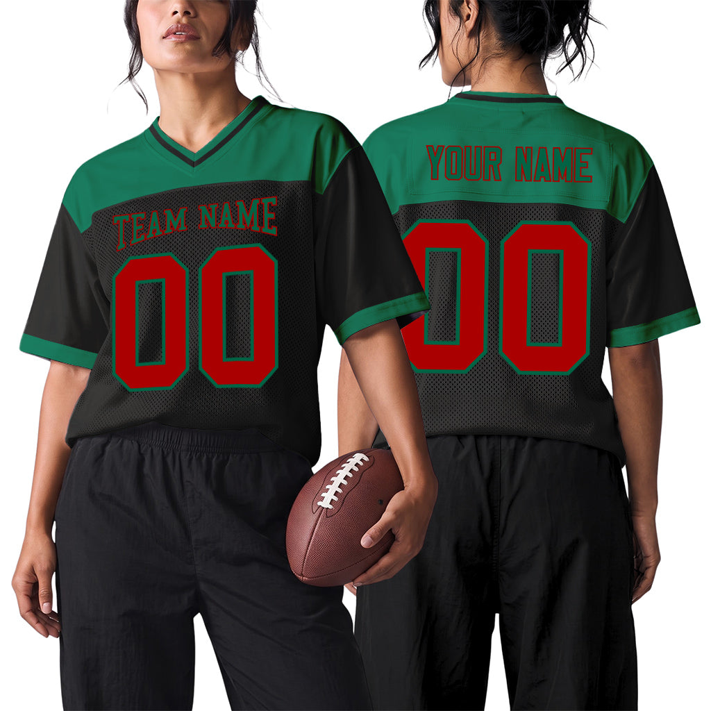Custom Black Red-Kelly Green Mesh Football Jersey