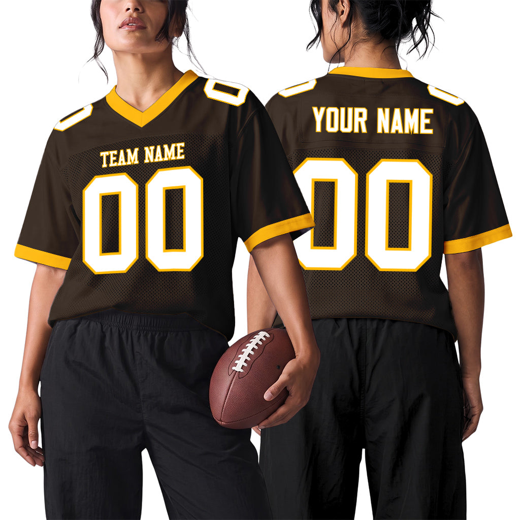 Custom Brown White-Gold Mesh Football Jersey